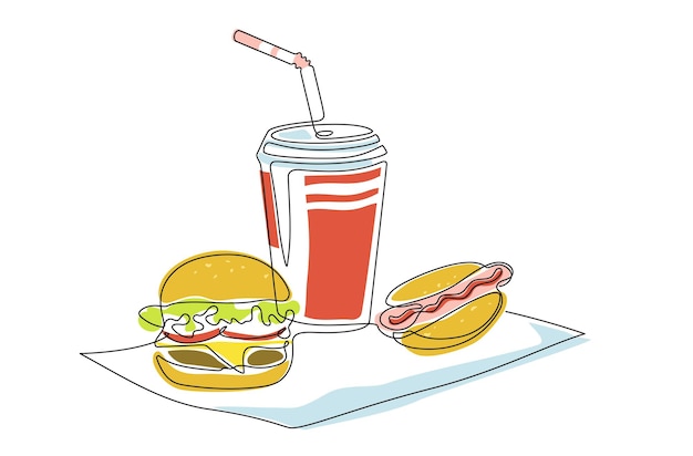 Vector set of fast food with hamburger hot dog soda in continuous one line art drawing style street food snacks single line takeout food junk food linear colored sketch for menu banner poster