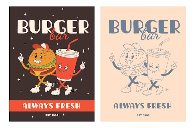 Set fastfoodposters Retro groovy kaarten met straatvoedselkarakters Brochure