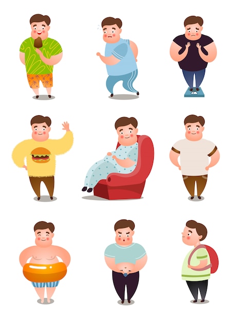 Vector set of fat man character in different daily situations or actions