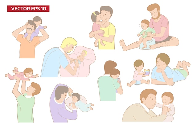 아버지 딸 아들 만화 스타일의 아이들의 부드러운 감각 평평한 터 일러스트레이션