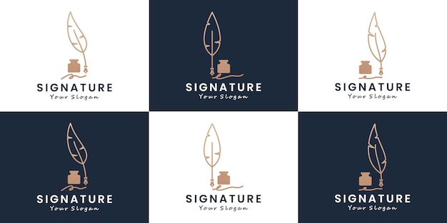 Vector set of feather pen signature logo design stationery