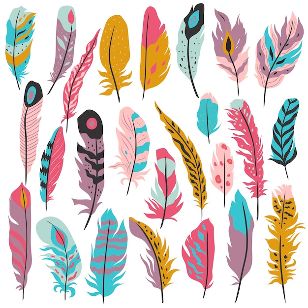 Set of feathers in boho style isolated on white background. Vector graphics.