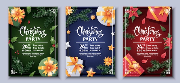 Set feestelijke kerstfeest uitnodiging sjablonen flyer poster met geschenkdoos dennentak sterren holly poinsettia prettige kerstdagen en gelukkig nieuwjaar