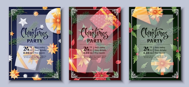 Vector set feestelijke kerstfeest uitnodiging sjablonen flyer poster met geschenkdoos dennentak sterren holly poinsettia prettige kerstdagen en gelukkig nieuwjaar