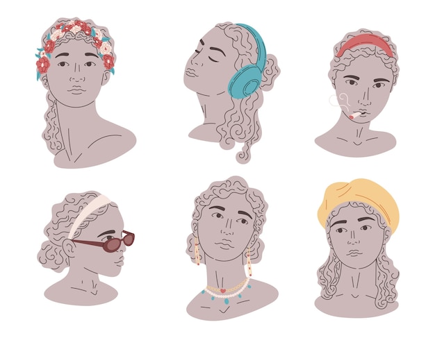 Vector set of female antique heads flat classic stone or clay greek statues of women modern fashion accessories collection of vector isolated cartoon illustrations