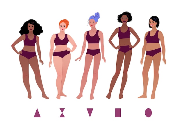 Vector set of female characters and body shape types