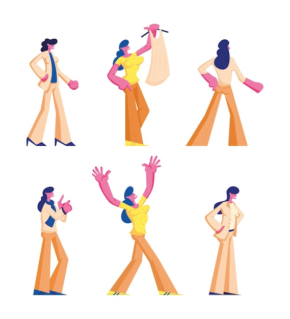 Set of female characters in casual and formal clothing stand in different postures. cartoon flat illustration