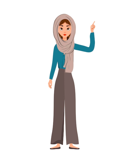 Set of female characters. girl points to the right hand to the side. vector illustration.