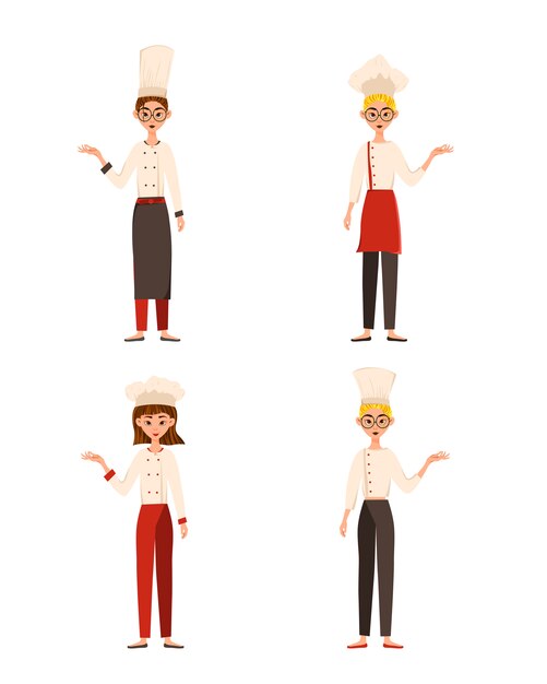 Vector set of female characters. womans cook points to the hand to the side. vector illustration.