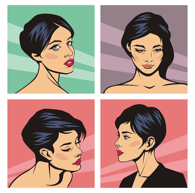 Set of female comic style faces, pop art cartoon