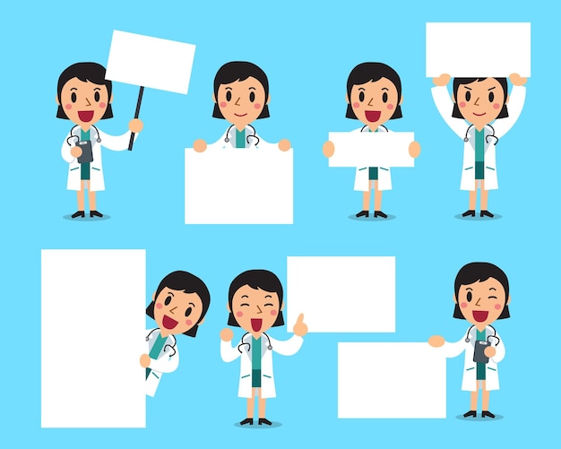 Vector set of female doctor with blank board