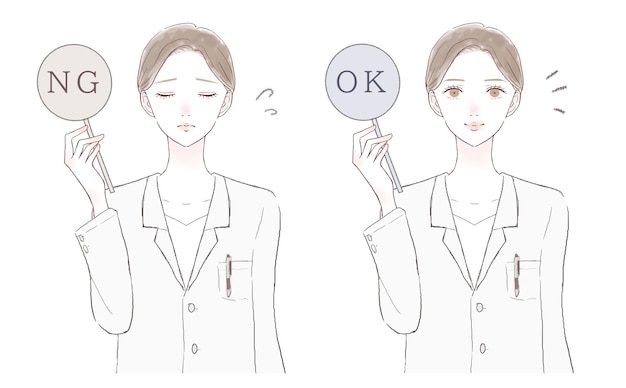 Vector set of female doctors with ok/ ng tags.