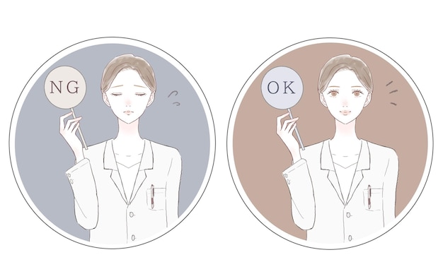 Vector set of female doctors with ok/ ng tags.