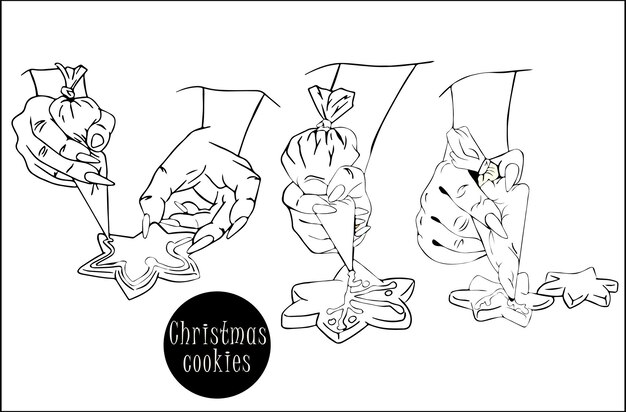 Vector set female hand holds pastry bag with icing process of decorating christmas gingerbread baking