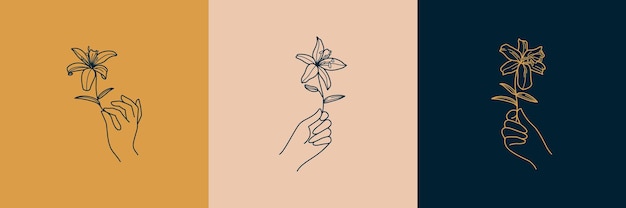 a set of female hand logos in a minimalist simple linear style. vector emblems and badges with a woman's hand and lily flowers. feminine icon for studio a nail and hair salon, spa