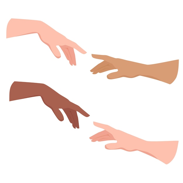 Vector a set of female hands of different skin colors that pull towards each other