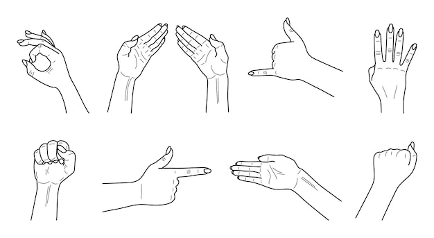 Set di mani femminili e gesti icone loghi emblemi segni in pose realistiche vector