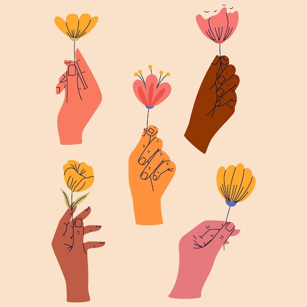 Vector set of female hands holding bunches of blooming flowers