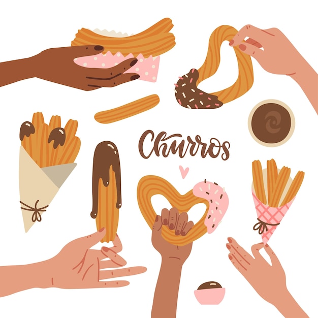 Набор женских рук, держащих чуррос с шоколадным соусом, мексиканская закуска, нарисованная вручную плоской векторной иллюстрацией