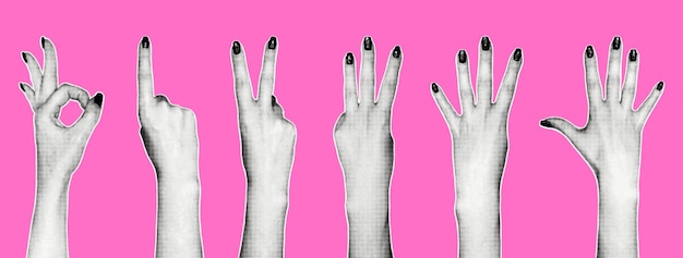 Vector set of female hands in retro collage style women hands count the icons