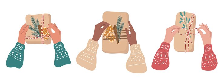 Vector set of female hands with different skin colors holding christmas gift preparing for the winter holidays festive flat illustration isolated on white element for design