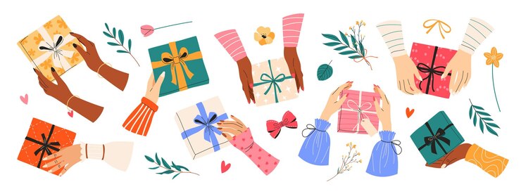 Vector 女性の手のセット 様々なギフトボックス 弓 花とハーブ 手描きのクリパートバンドル