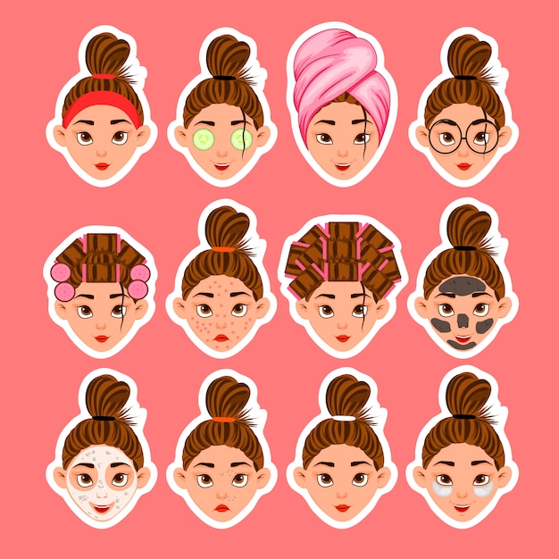 Set of female heads and beauty treatments