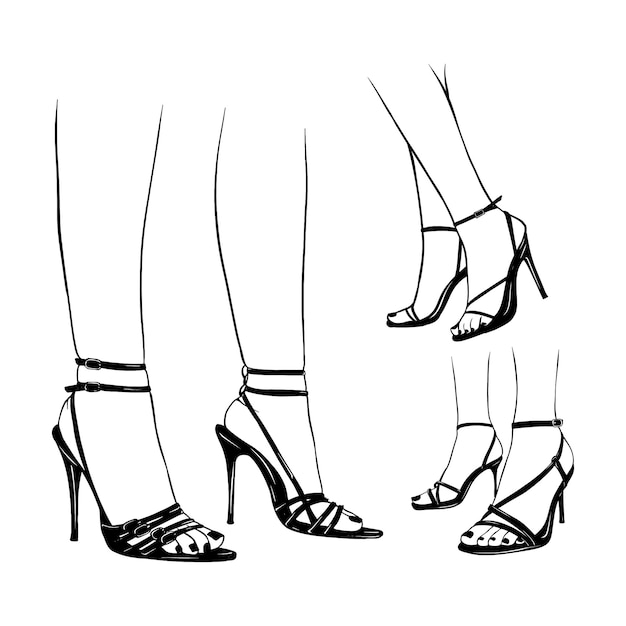 Set female legs with high heeled sandals Hand drawn sketch vector illustration line art