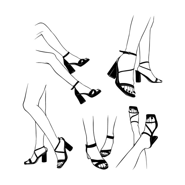 Vector set female legs with high heeled sandals hand drawn sketch vector illustration line art