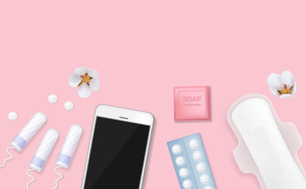 Set di prodotti per l'igiene del ciclo mestruale femminile. tovagliolo sanitario, tamponi, pillole, fiori, smartphone