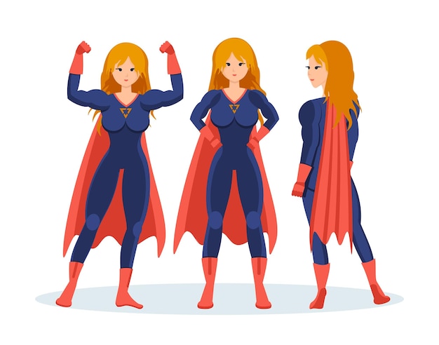 Vettore set di supereroi femminili in diverse situazioni e pose