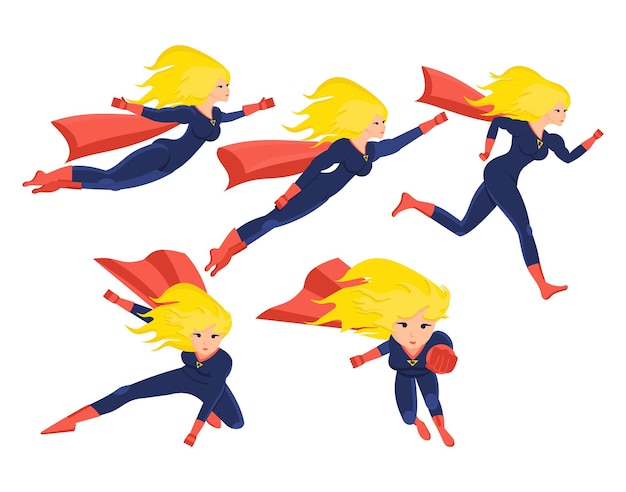 Vector set of female superhero in different situations and poses