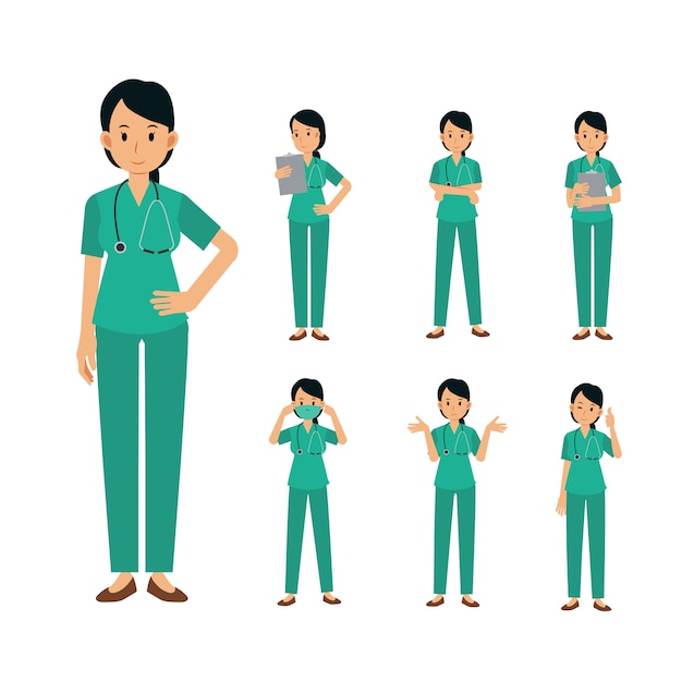 Vector set of female surgeon doctor character. medical illustration.