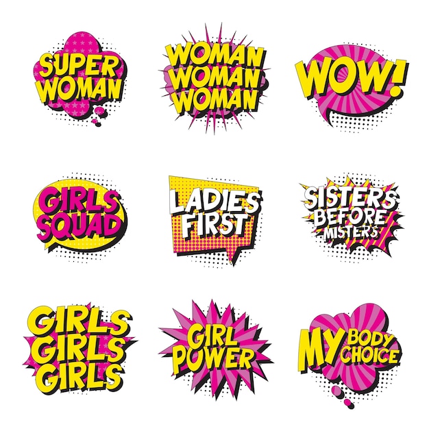 set of feminist slogans in retro pop art style in comics speech bubbles on white background.