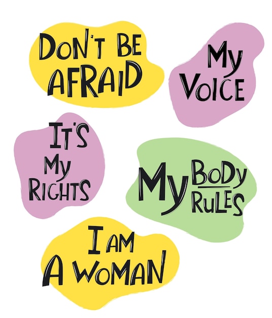 Vector set of feminist stickers with motivation quotes women rights slang words for card poster or flyer