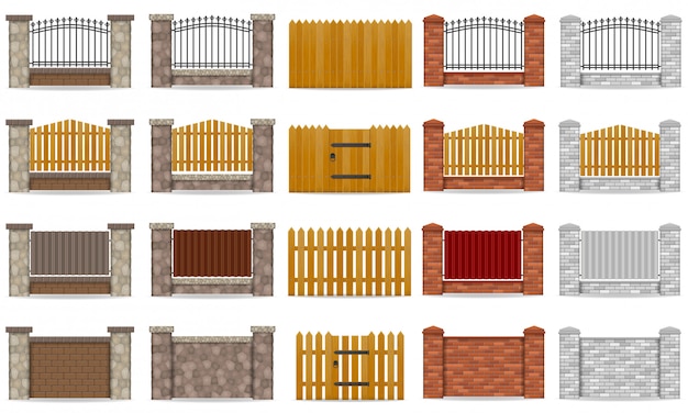 Vector set of fence made from wooden stone brick vector illustration