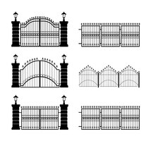 Set of fence vector icons decorative black fences with gates flat isolated vector illustration