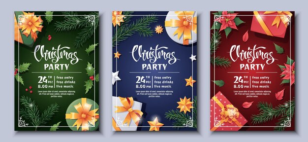 Set of festive christmas party invitation templates flyer poster with gift box fir branch stars holly poinsettia merry christmas and happy new year