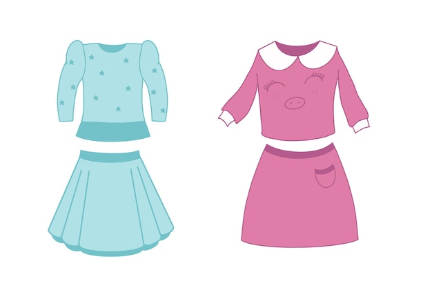 A set of festive clothes for girls Blouses and skirts on a white background Vector illustration