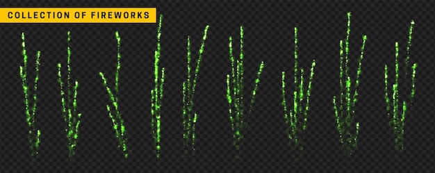 Set festive green fireworks. light effect isolated on black background. Realistic design. vector illustration