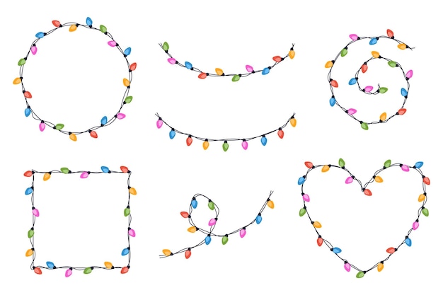 Set of festive multicolored garlands on cable in flat style. Frame of garland in the shape