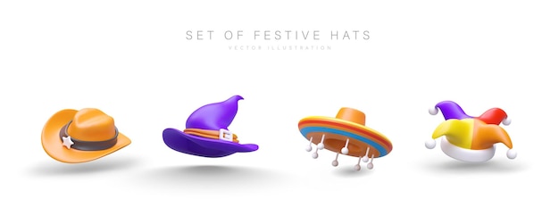 Vettore set di cappelli realistici festivi icone per le sezioni tematiche del web design del gioco