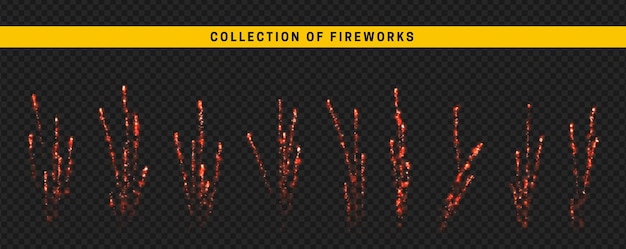 Set festive red fireworks. White light effect isolated on black background. Realistic design. vector illustration