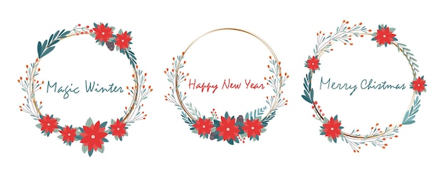 Set of festive round frames with congratulatory inscriptions. For the design of Christmas and New Year cards and invitations. Vector graphics.