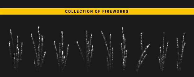 Imposta fuochi d'artificio d'argento festivi. effetto luce bianca isolato su sfondo nero. disegno realistico. illustrazione vettoriale