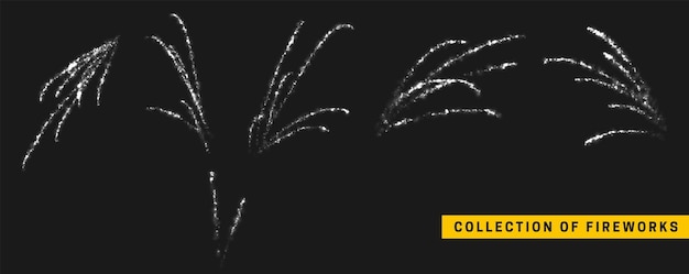 Set festive silver fireworks. White light effect isolated on black background. Realistic design. vector illustration