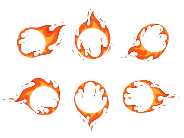 불 같은 프레임 세트. 디자인을 위해 중앙에 여유 공간이있는 원 형태의 불꽃. 평면 만화. 흰색 배경에 고립.