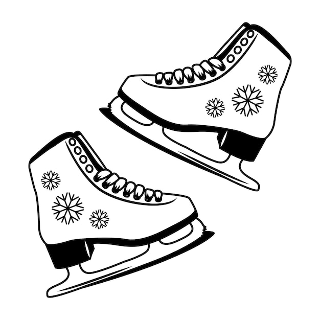 A set of figure skates for skating on ice Drawing of the outline of a black line vector isolated on a white background Equipment for winter recreation