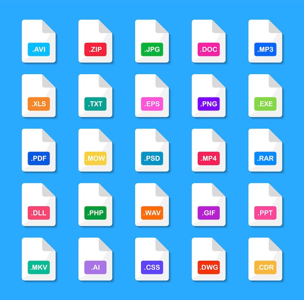 Vector set of file formats icons file type icons format of documents and files extension for ui