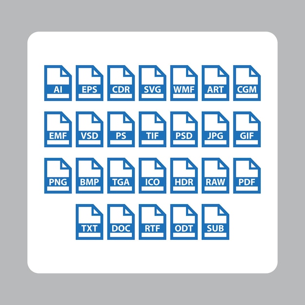 Set of file formats icons format of documents and files extension